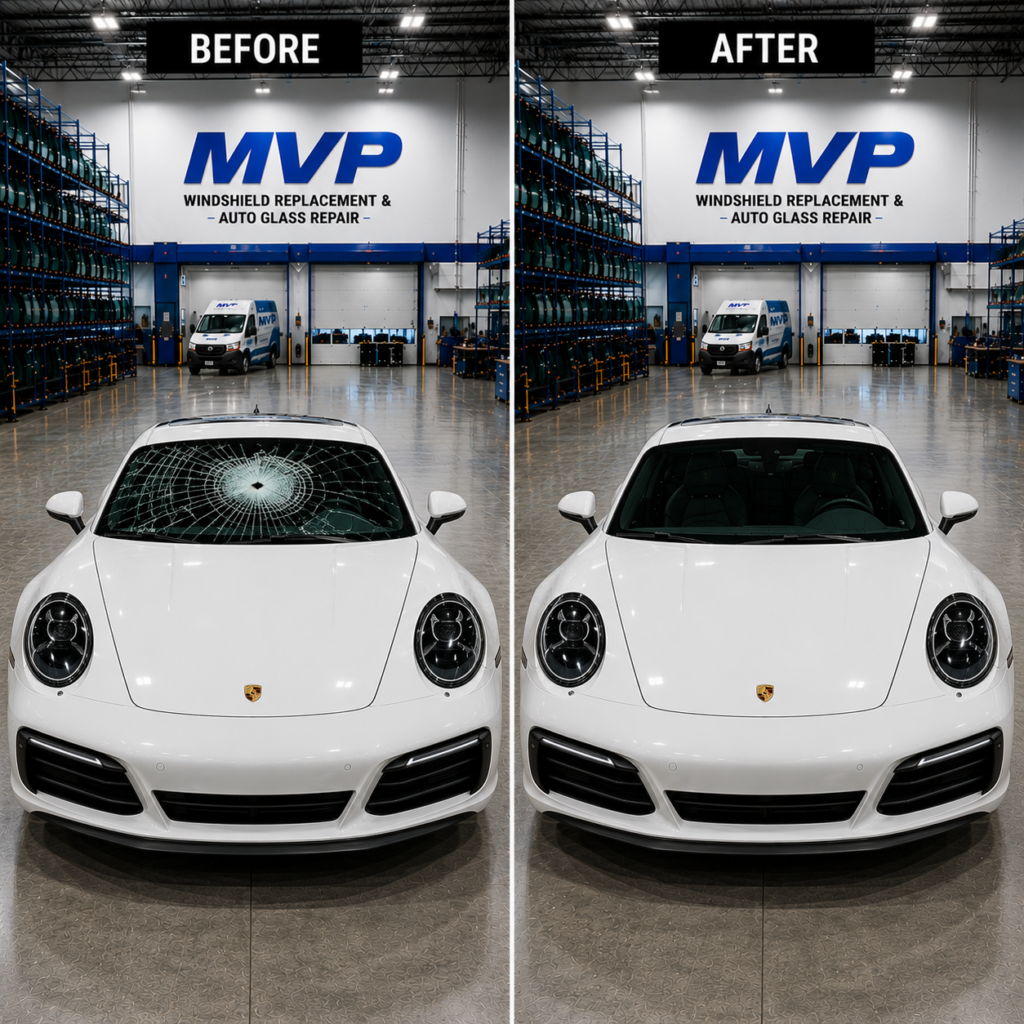 Before and after windshield replacement on a Porsche 911 at MVP Windshield Replacement & Auto Glass Repair