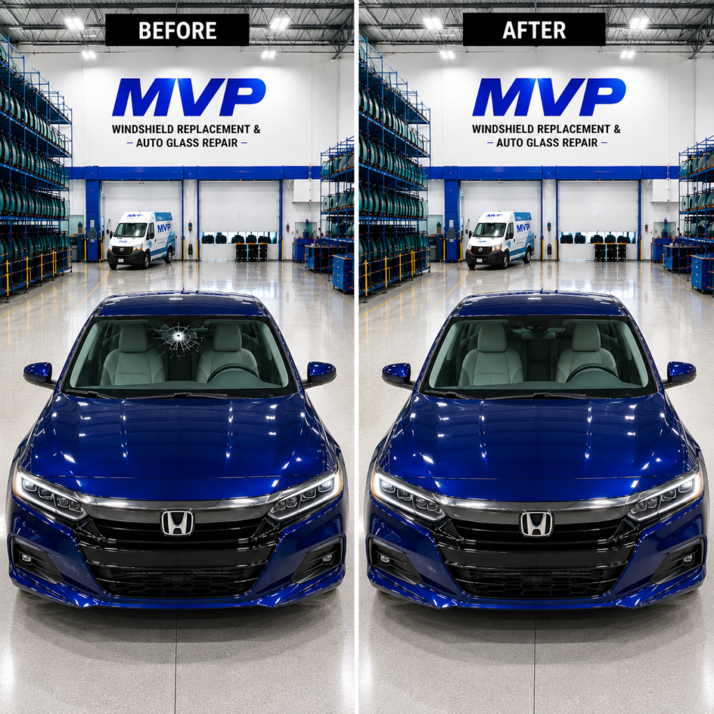 Before and after windshield replacement on a Honda Accord at MVP Windshield Replacement & Auto Glass Repair