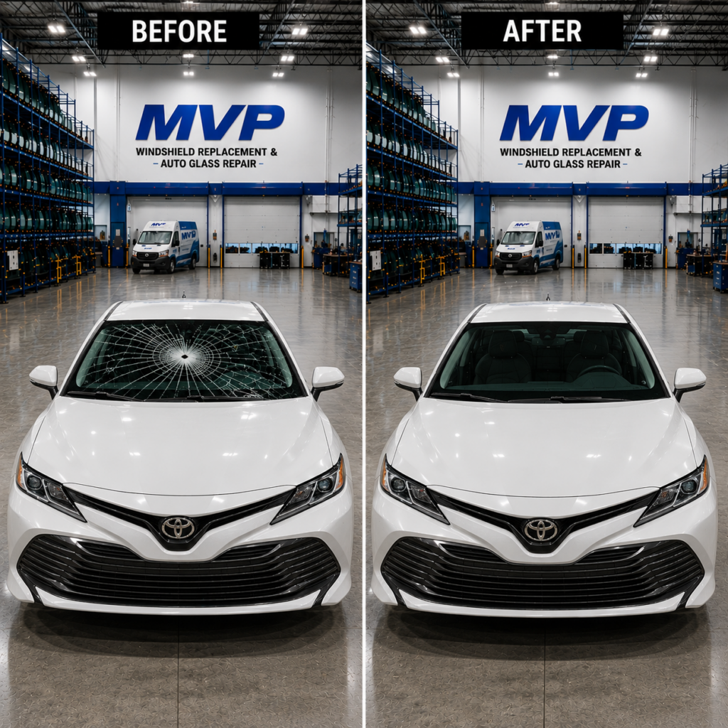 Before and after windshield replacement on a Toyota Camry at MVP Windshield Replacement & Auto Glass Repair