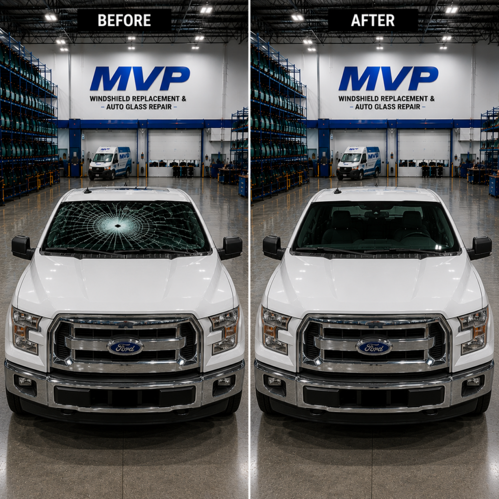 Before and after windshield replacement on a Ford F-150 at MVP Windshield Replacement & Auto Glass Repair