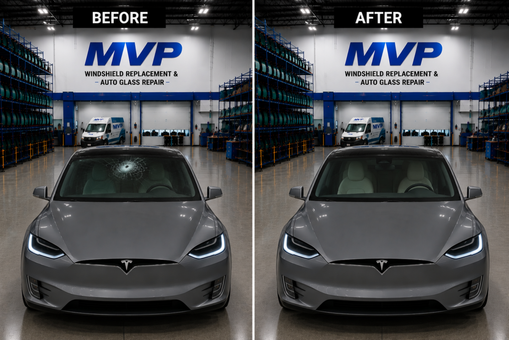Before and after windshield replacement on a Tesla Model X at MVP Windshield Replacement & Auto Glass Repair