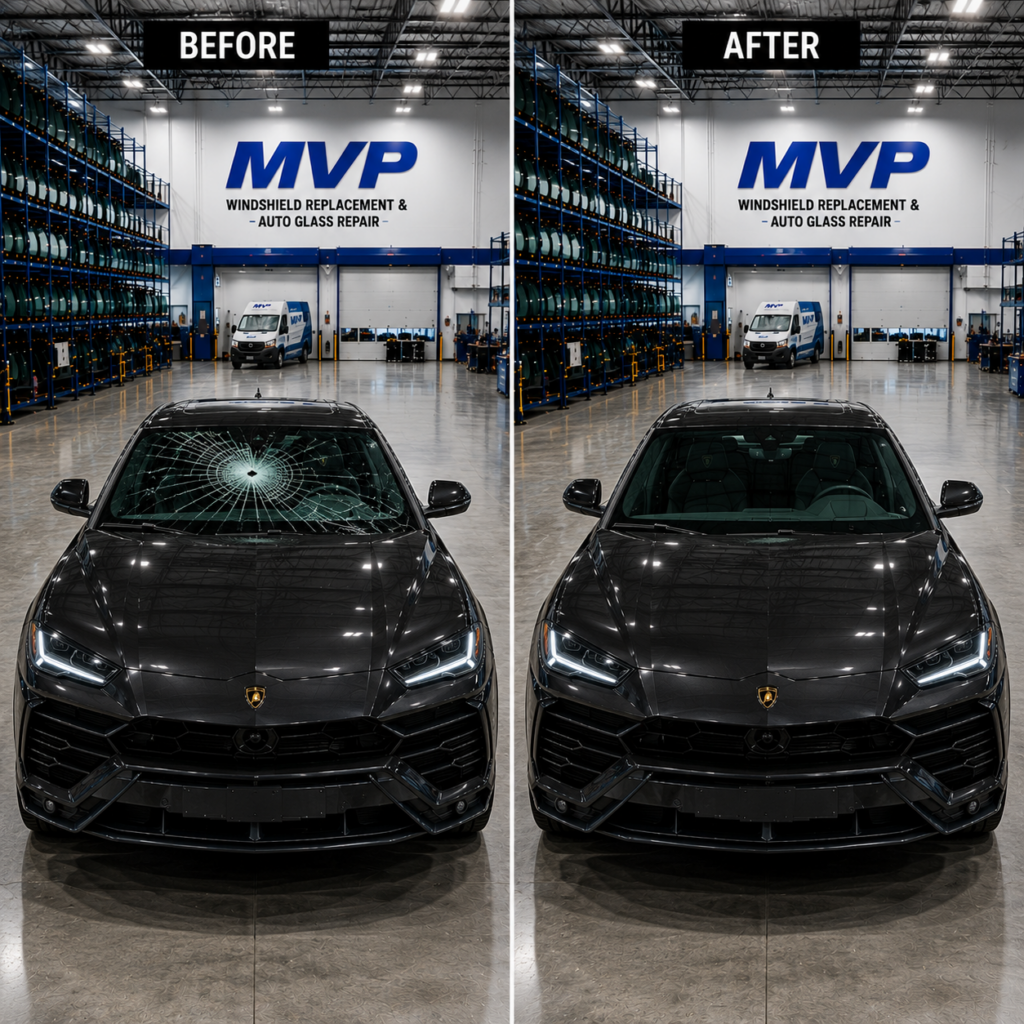 Before and after windshield replacement on a Lamborghini Urus at MVP Windshield Replacement & Auto Glass Repair